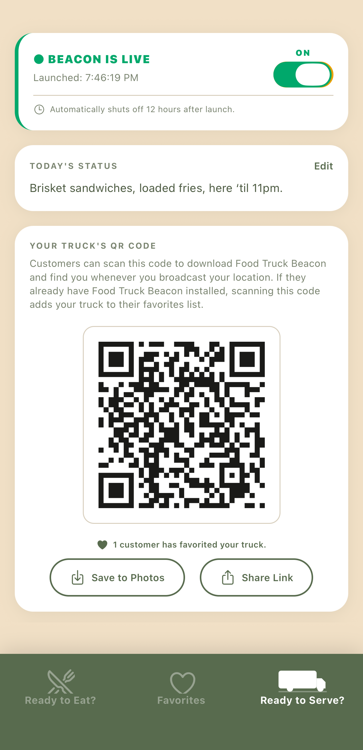 A food truck live and broadcasting its location in Food Truck Beacon