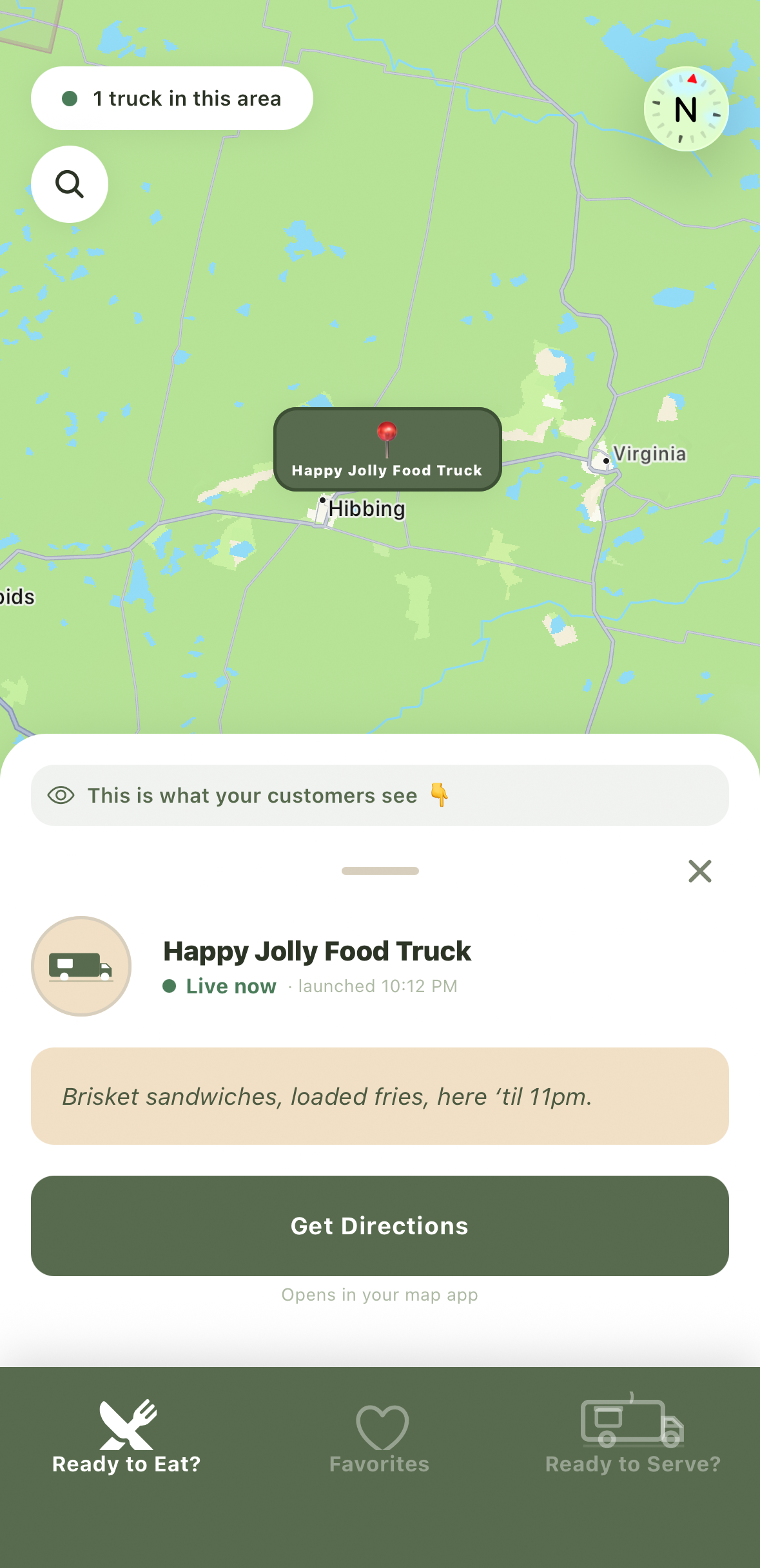 Food Truck Beacon app showing live food trucks on a map near you
