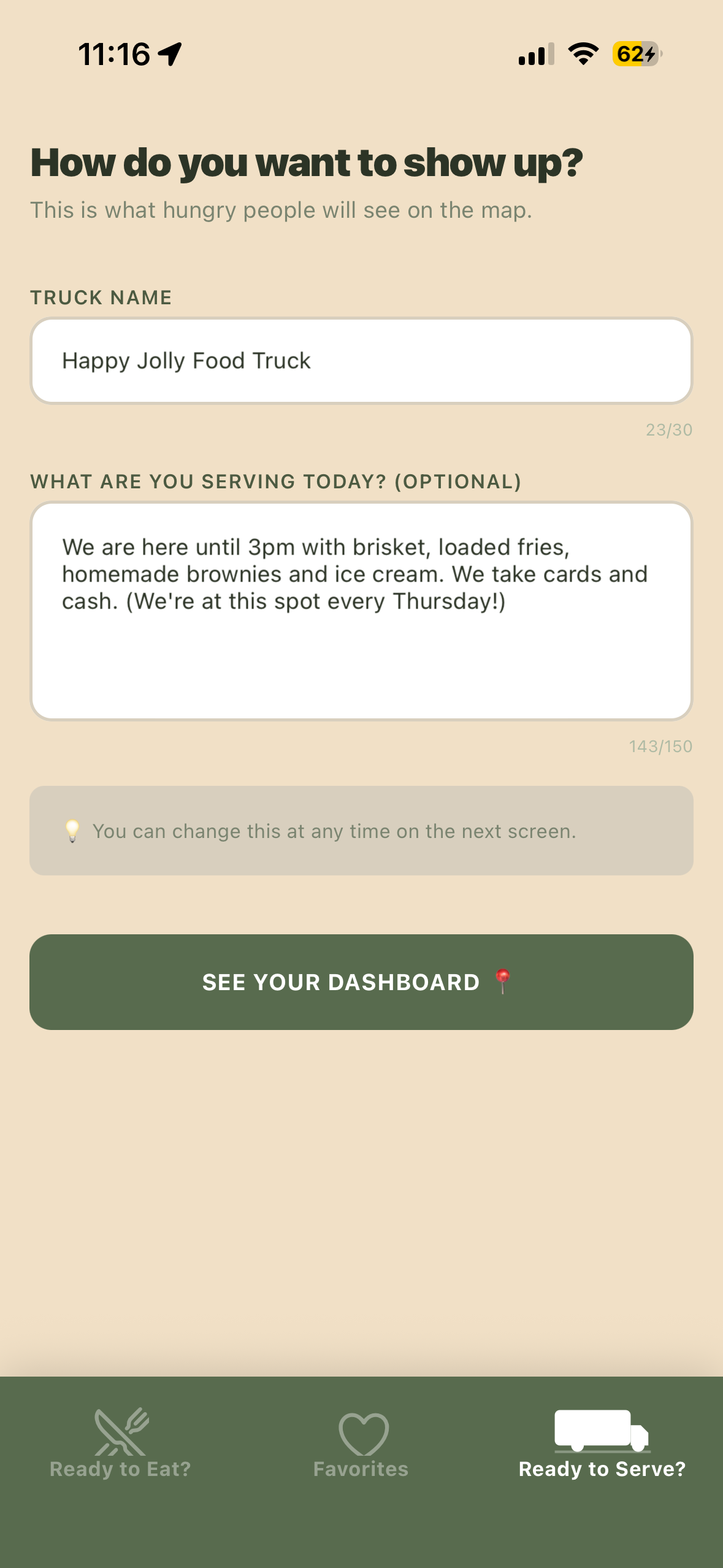 Setting today's status in the app